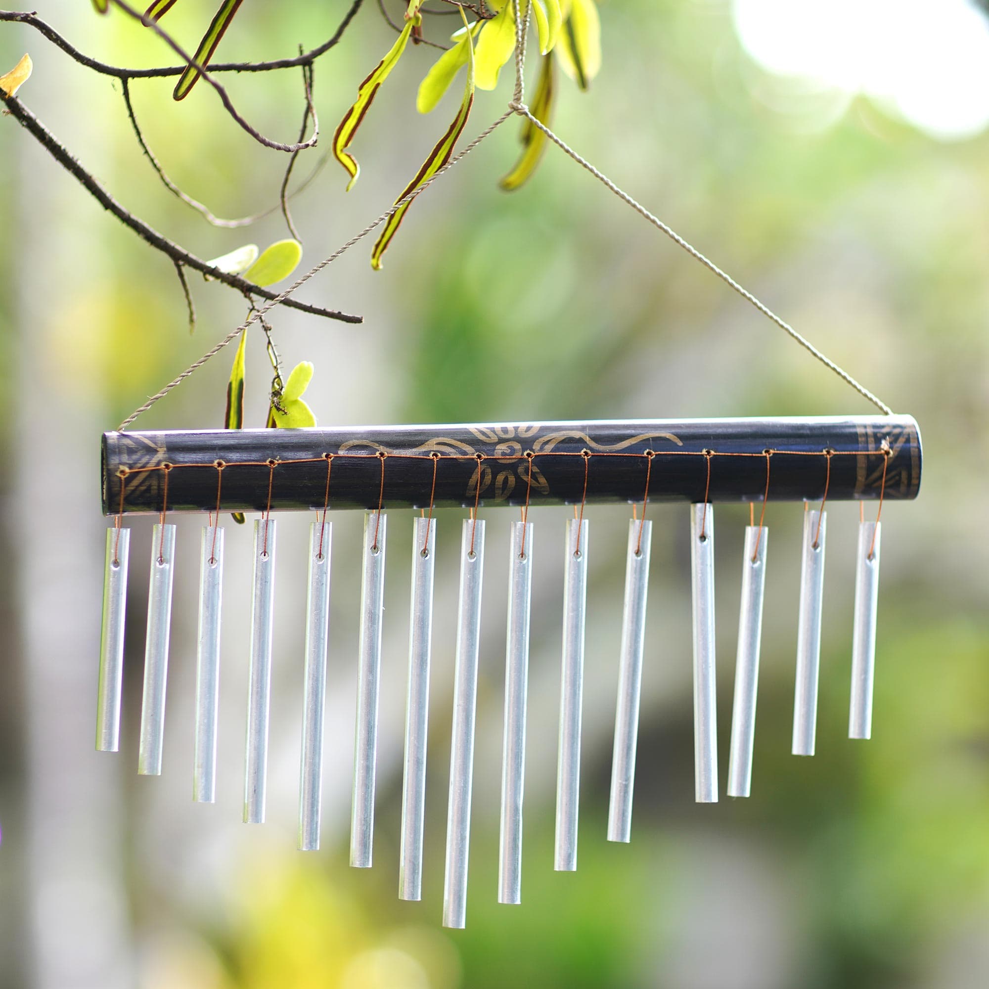Bamboo and Aluminum Floral Wind Chimes from Bali - Melodic Blossom