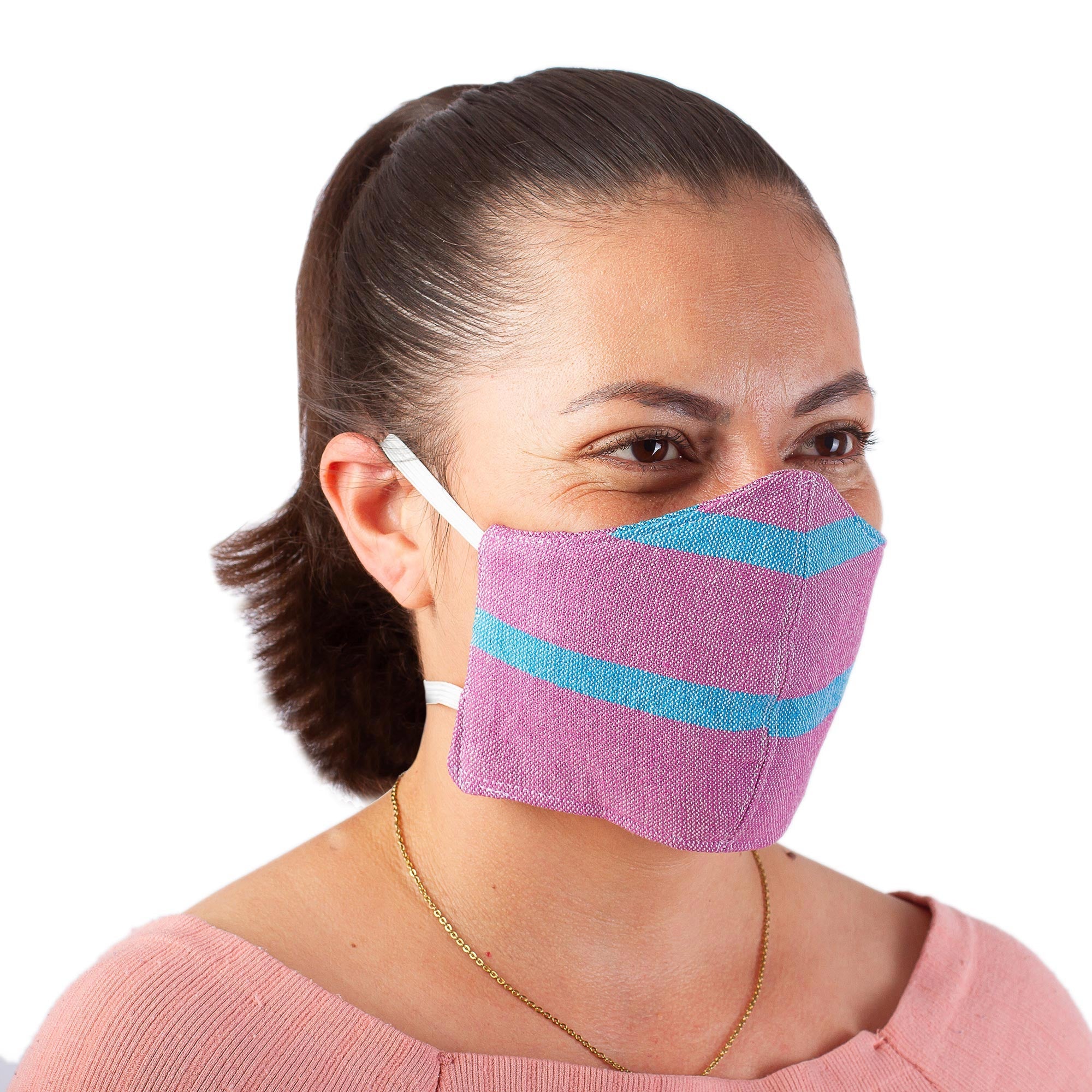 2 Handwoven Lilac and Teal Cotton Headband Face Masks - Zapotec Dawn