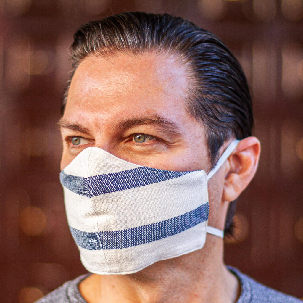 2 Handwoven Ivory and Blue Cotton Elastic Band Face Masks - Quiet Serenity