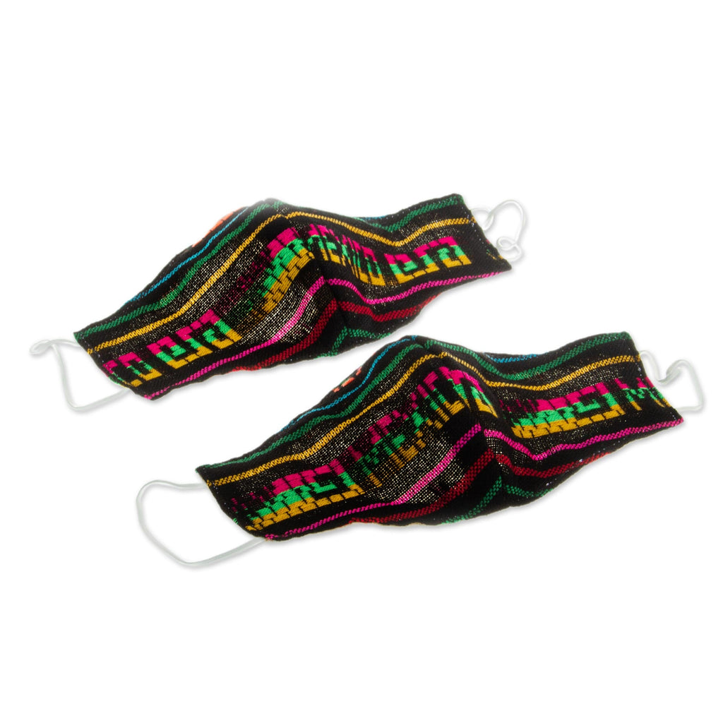 2 Black Embroidered Cambaya Cloth Mexico Face Masks - Fiesta in Mexico