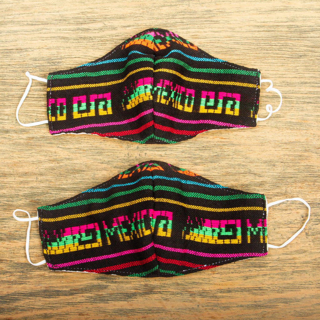 2 Black Embroidered Cambaya Cloth Mexico Face Masks - Fiesta in Mexico