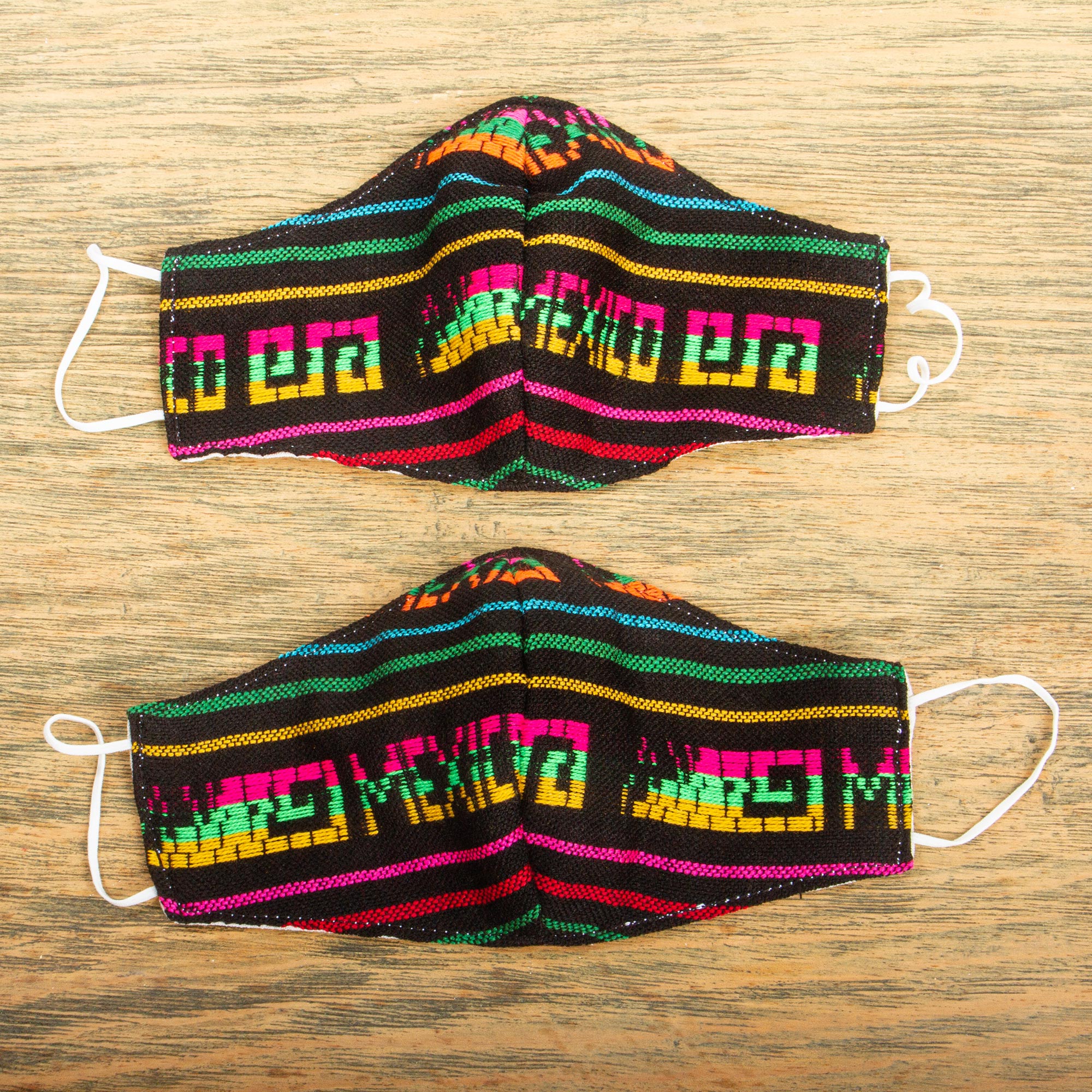 2 Black Embroidered Cambaya Cloth Mexico Face Masks - Fiesta in Mexico