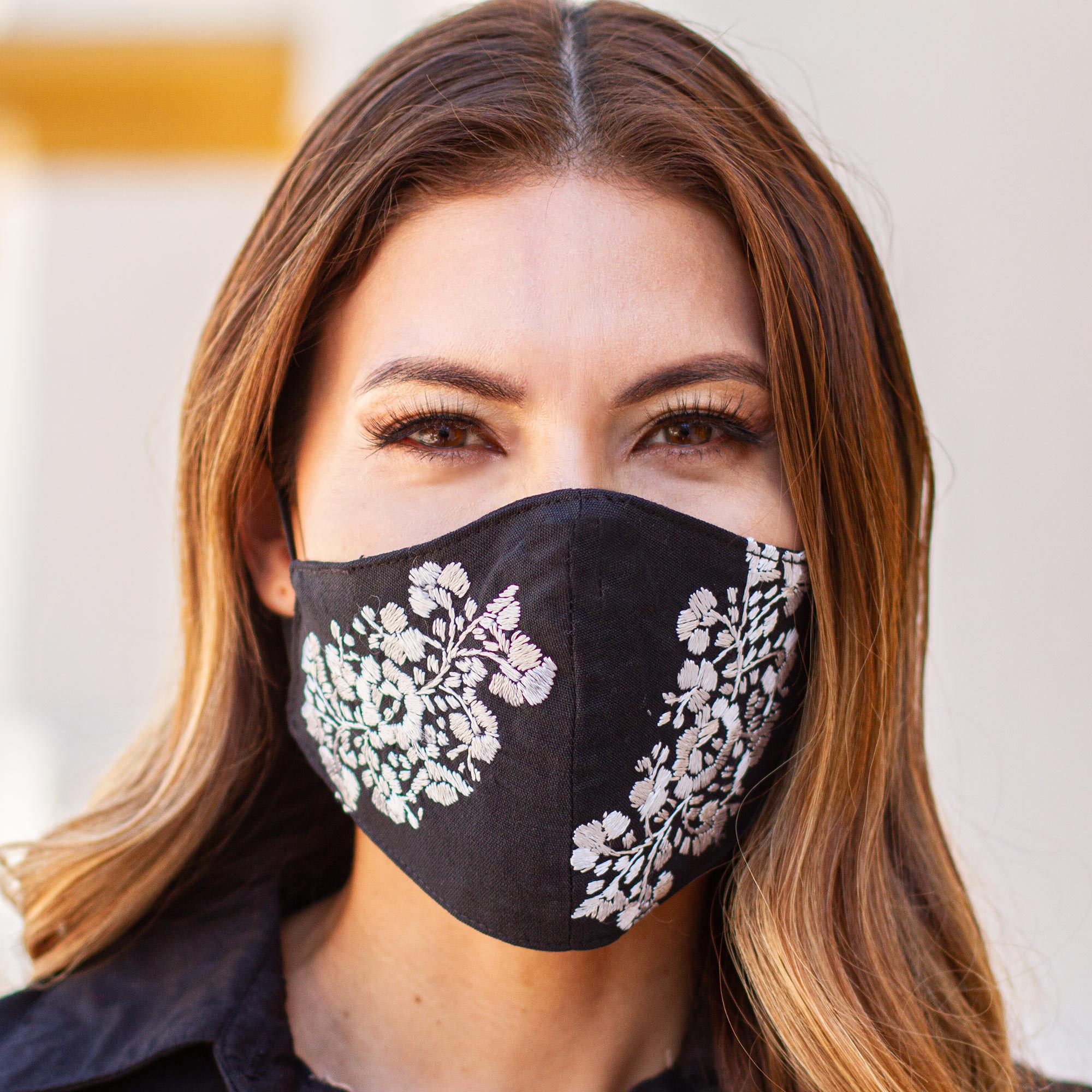 Black and Beige Floral Face Mask with 2 Layers - Flower Garden in Beige