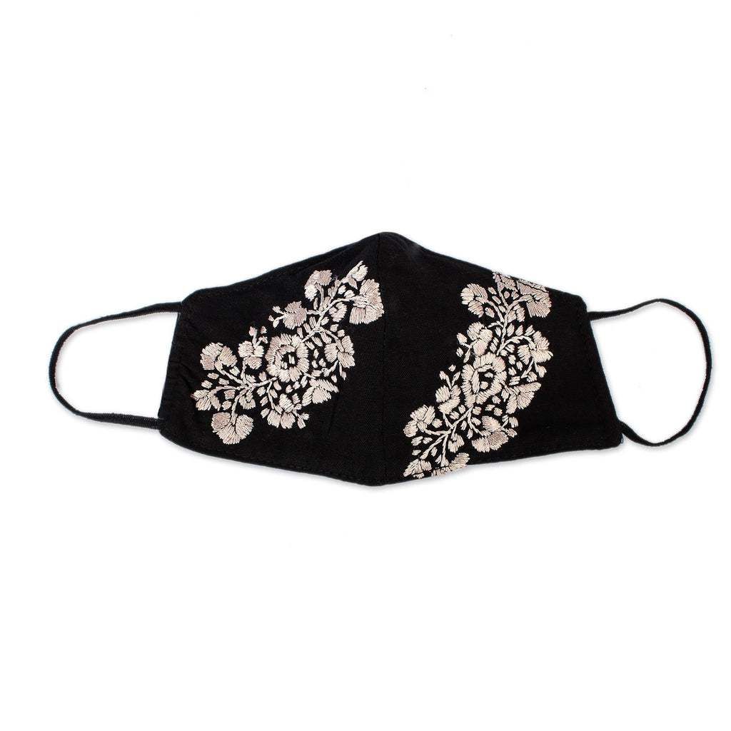 Black and Beige Floral Face Mask with 2 Layers - Flower Garden in Beige