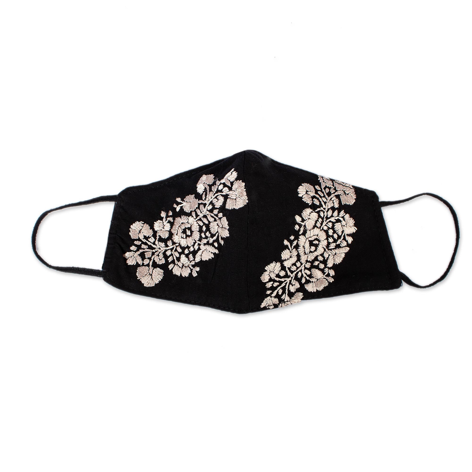 Black and Beige Floral Face Mask with 2 Layers - Flower Garden in Beige