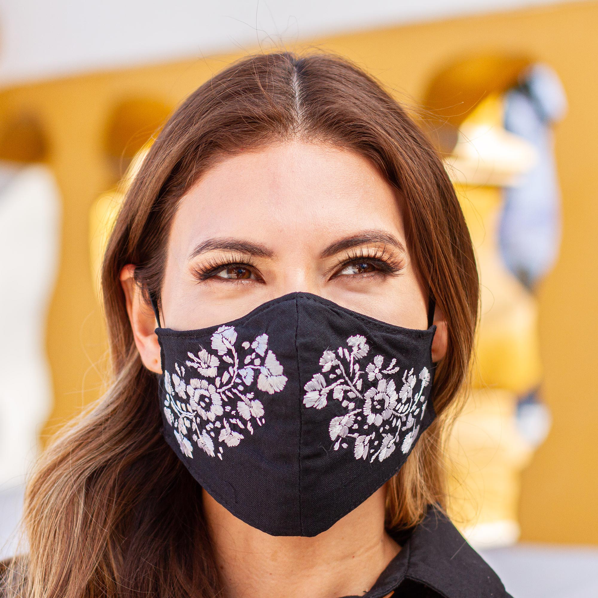 Reusable and Washable Black Cotton Floral Face Mask - Flower Garden in Ivory
