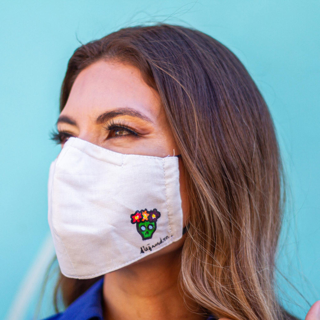 Hand-Painted Cotton 3-Layer Green Floral Skull Motif Mask - Little Green Skull