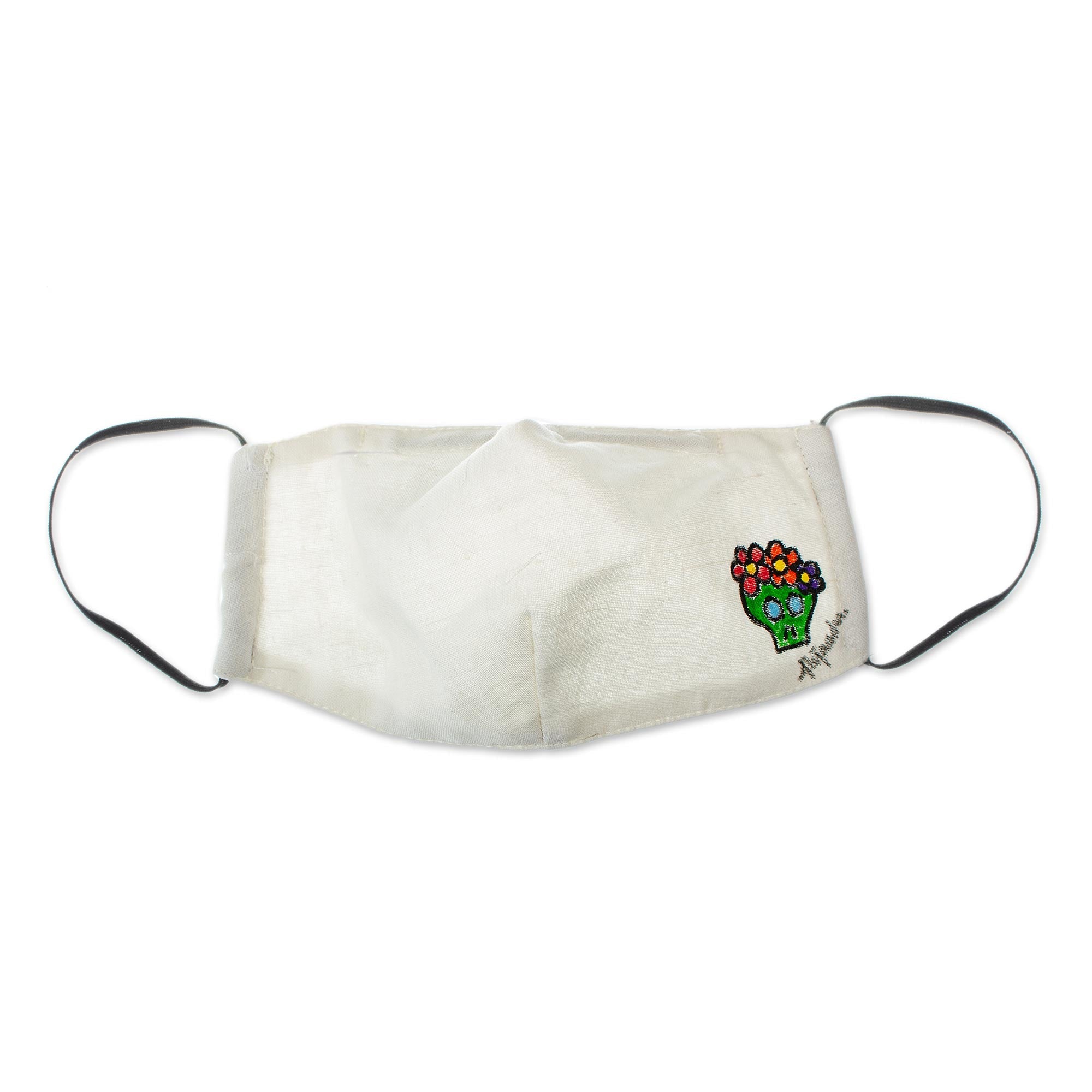 Hand-Painted Cotton 3-Layer Green Floral Skull Motif Mask - Little Green Skull