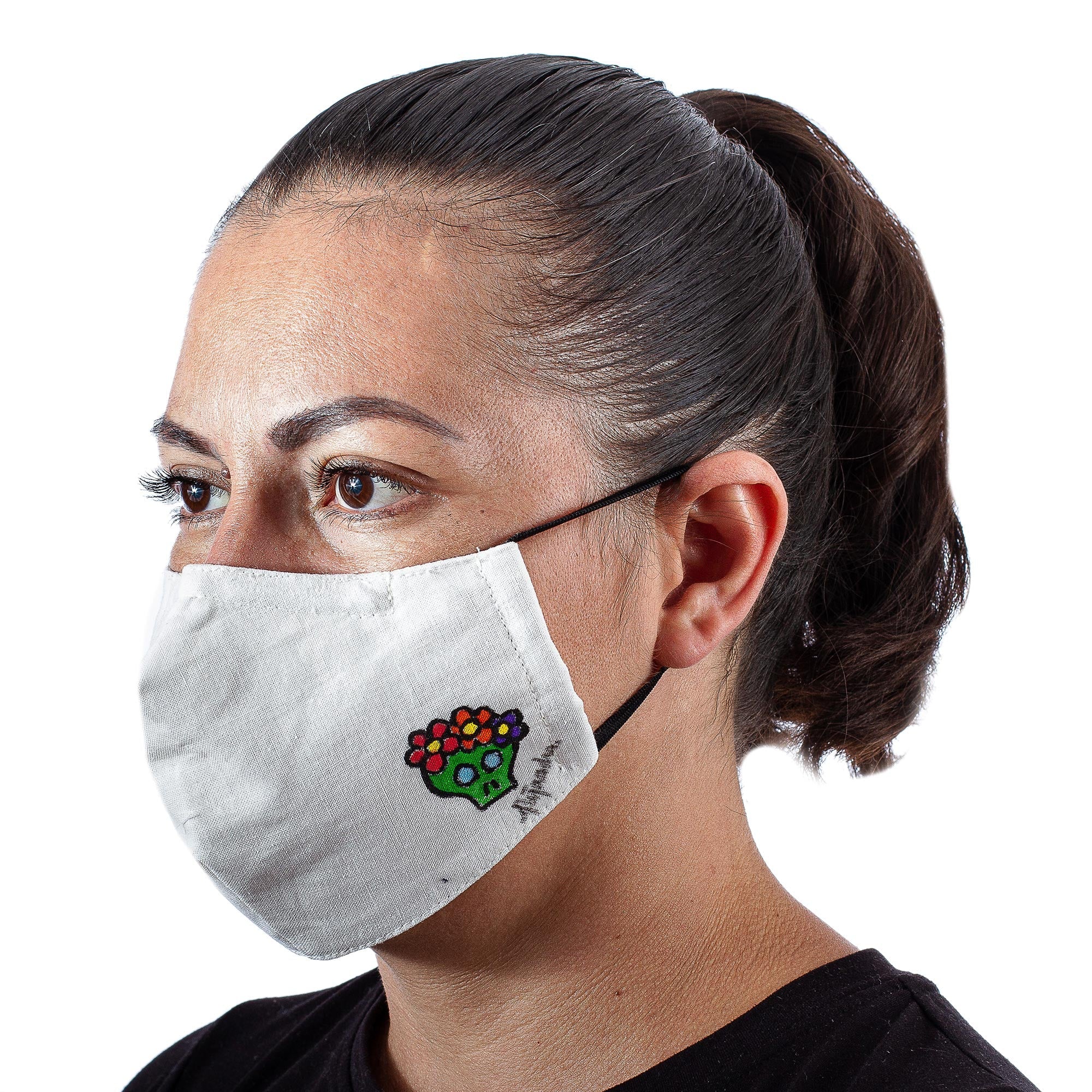 Hand-Painted Cotton 3-Layer Green Floral Skull Motif Mask - Little Green Skull