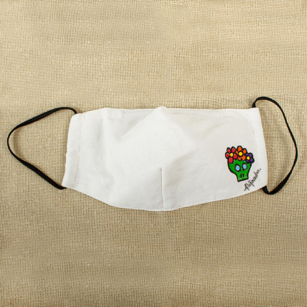 Hand-Painted Cotton 3-Layer Green Floral Skull Motif Mask - Little Green Skull