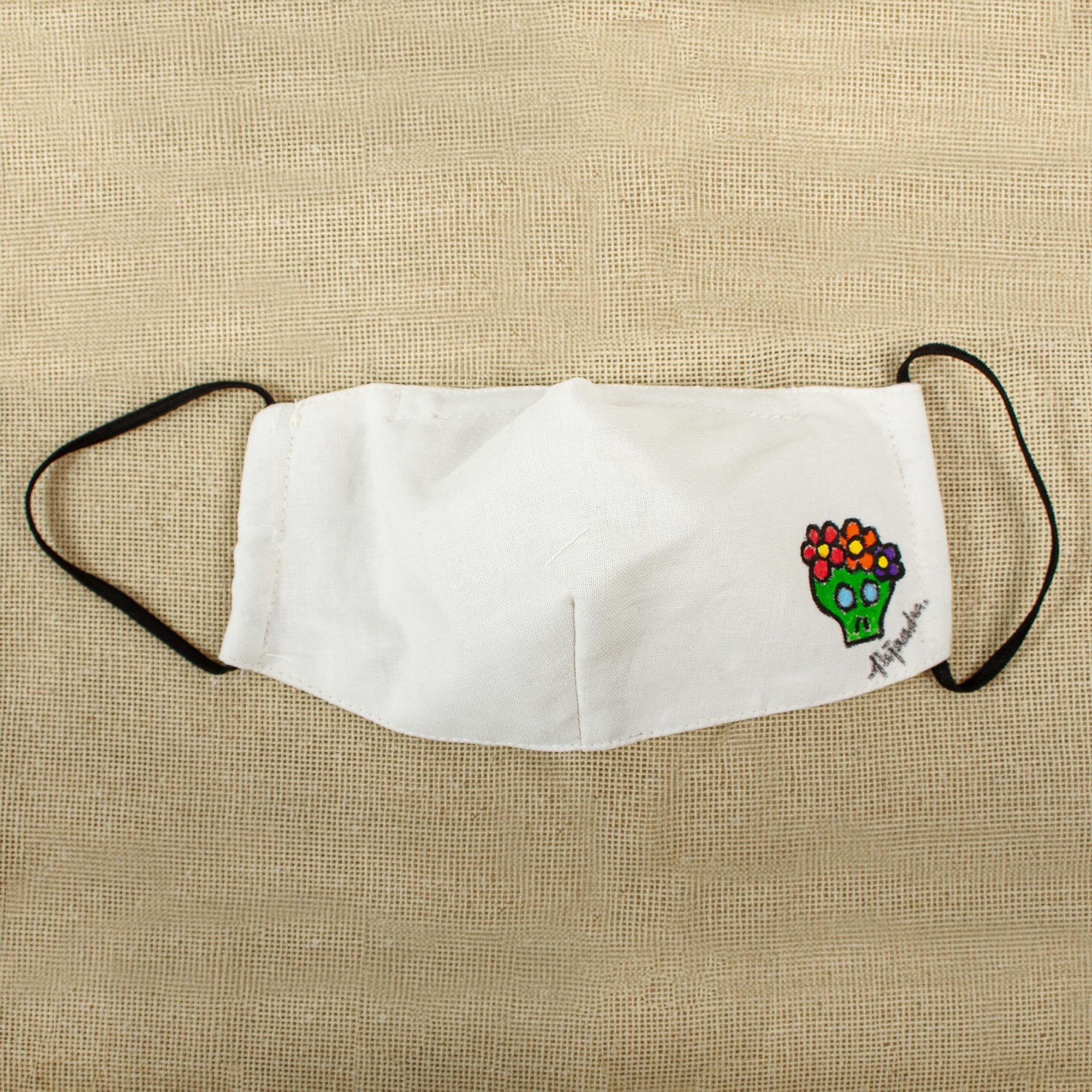 Hand-Painted Cotton 3-Layer Green Floral Skull Motif Mask - Little Green Skull