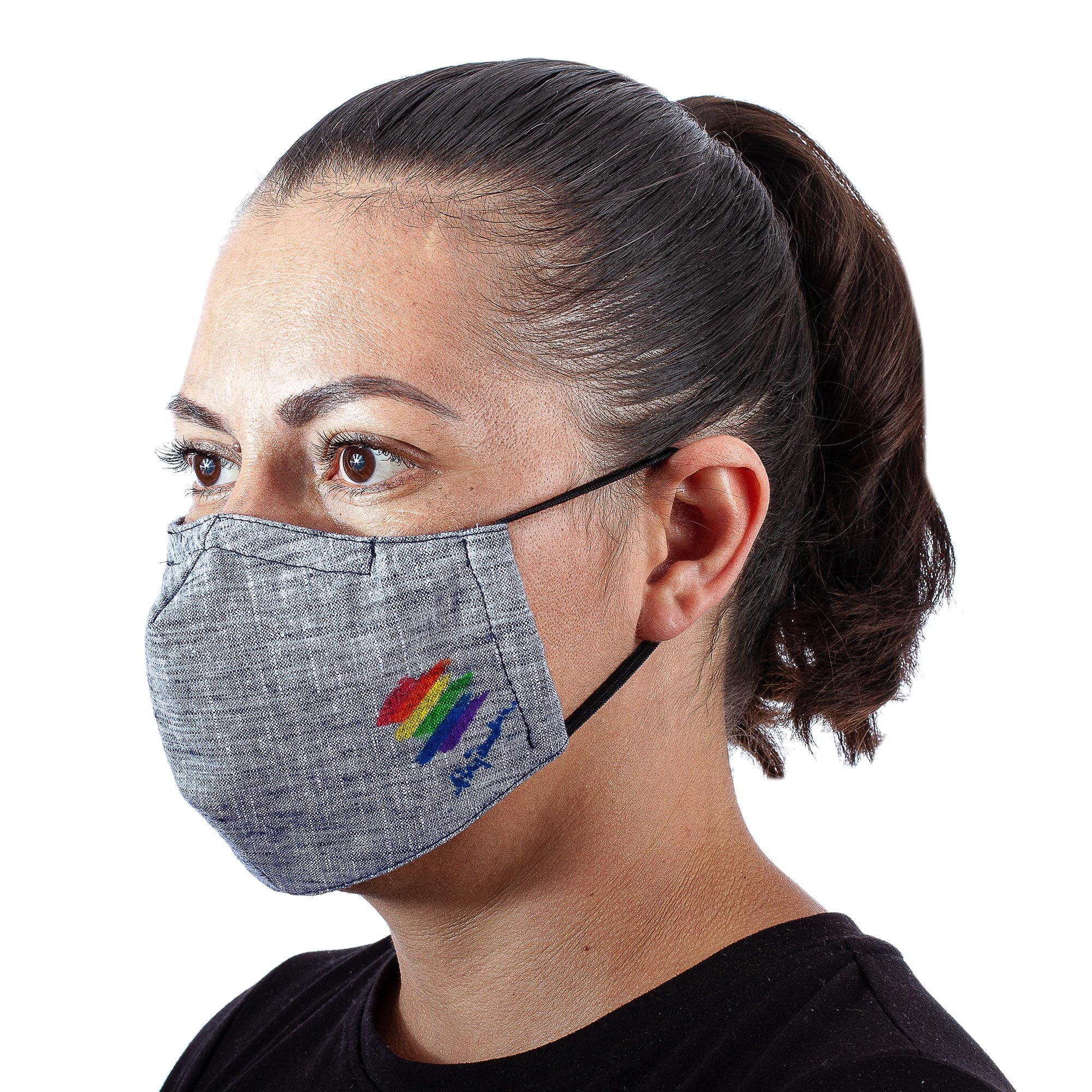 Blue Cotton Chambray 3-Layer Ear Loop Face Mask - Chambray Rainbow