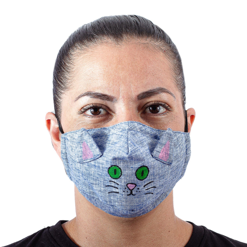 Blue Cotton Chambray 3-Layer Ear Loop Cat Face Mask - Chambray Kitty Cat