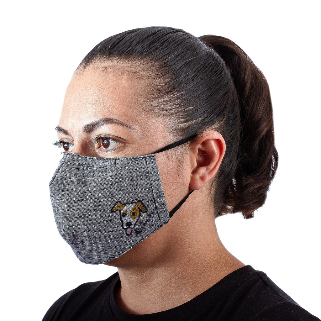 Hand-Painted Cotton Chambray 3-Layer Ear Loop Dog Mask - Grey Chambray Pup