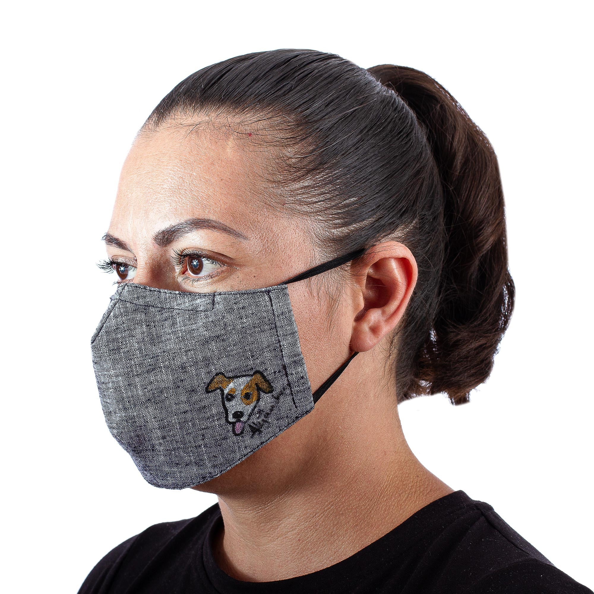 Hand-Painted Cotton Chambray 3-Layer Ear Loop Dog Mask - Grey Chambray Pup