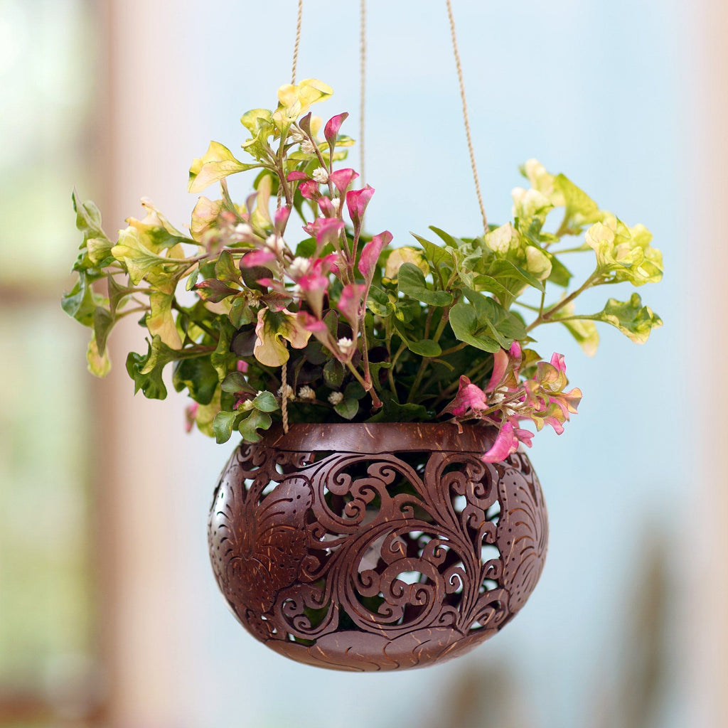 Artisan Crafted Coconut Shell Hanging Planter - Tropical House in Bloom