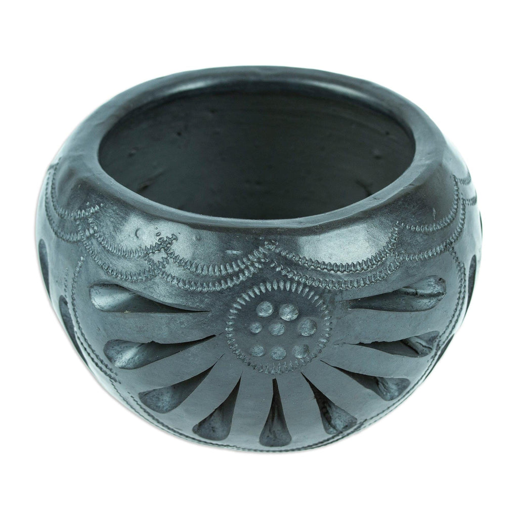 Mexican Barro Negro Flower Pot with Peacock Motifs - Peacock Luxury