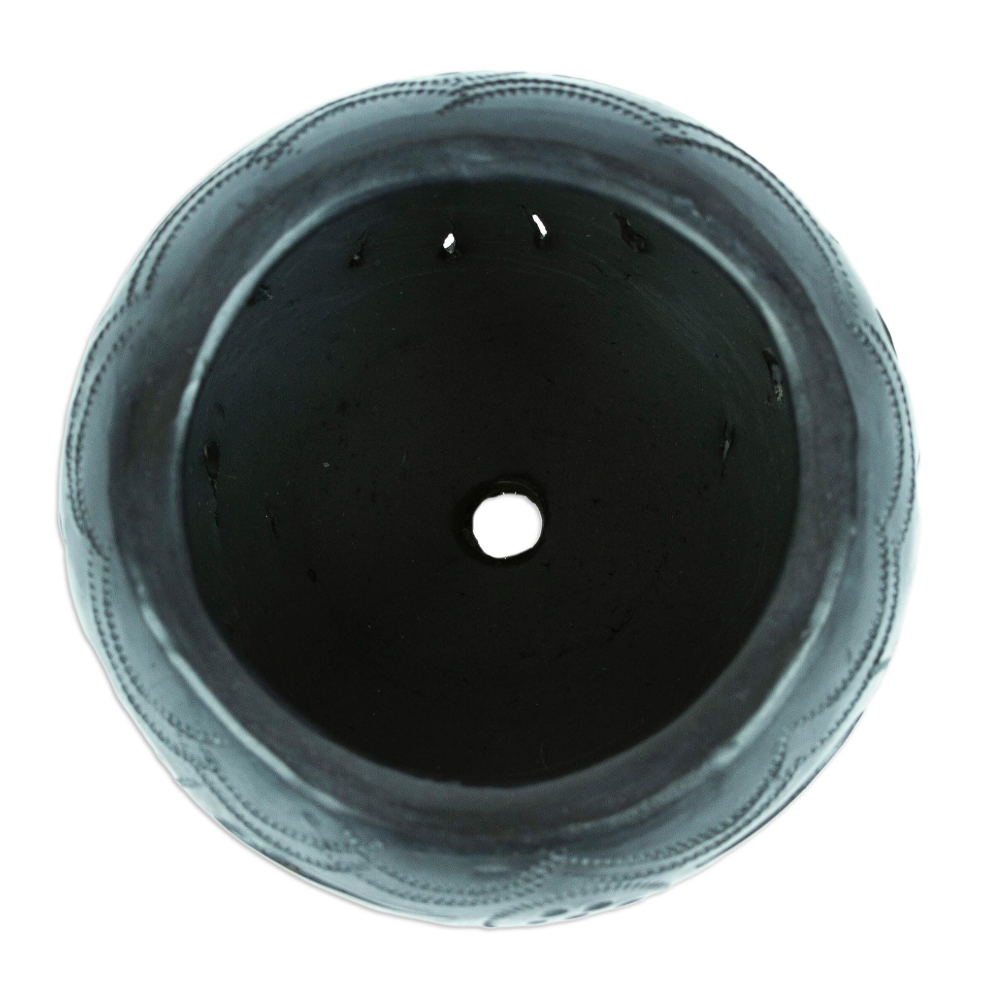 Mexican Barro Negro Flower Pot with Peacock Motifs - Peacock Luxury