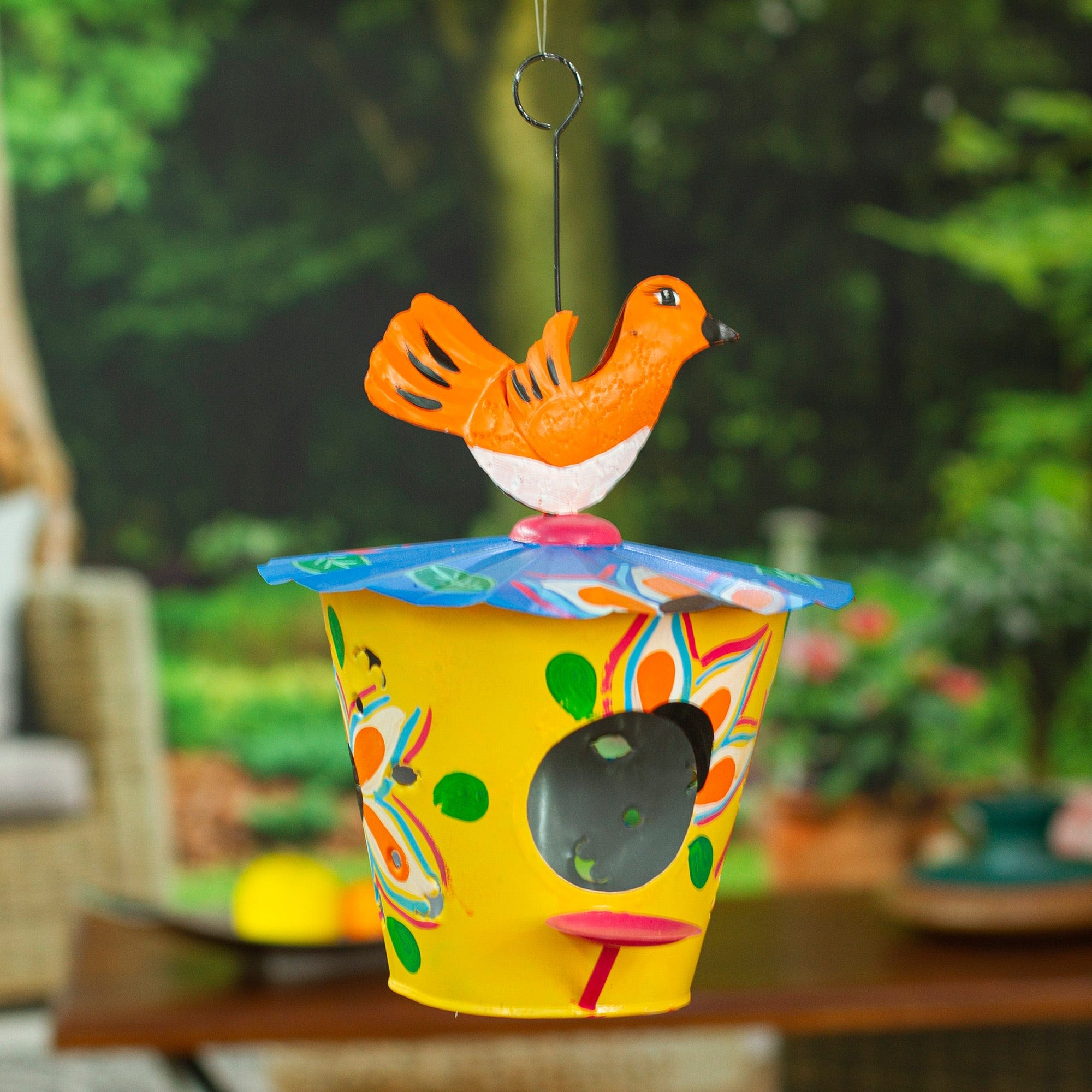 Handcrafted Floral Tin Birdhouse and Feeder with Orange Bird - Dawn Chants