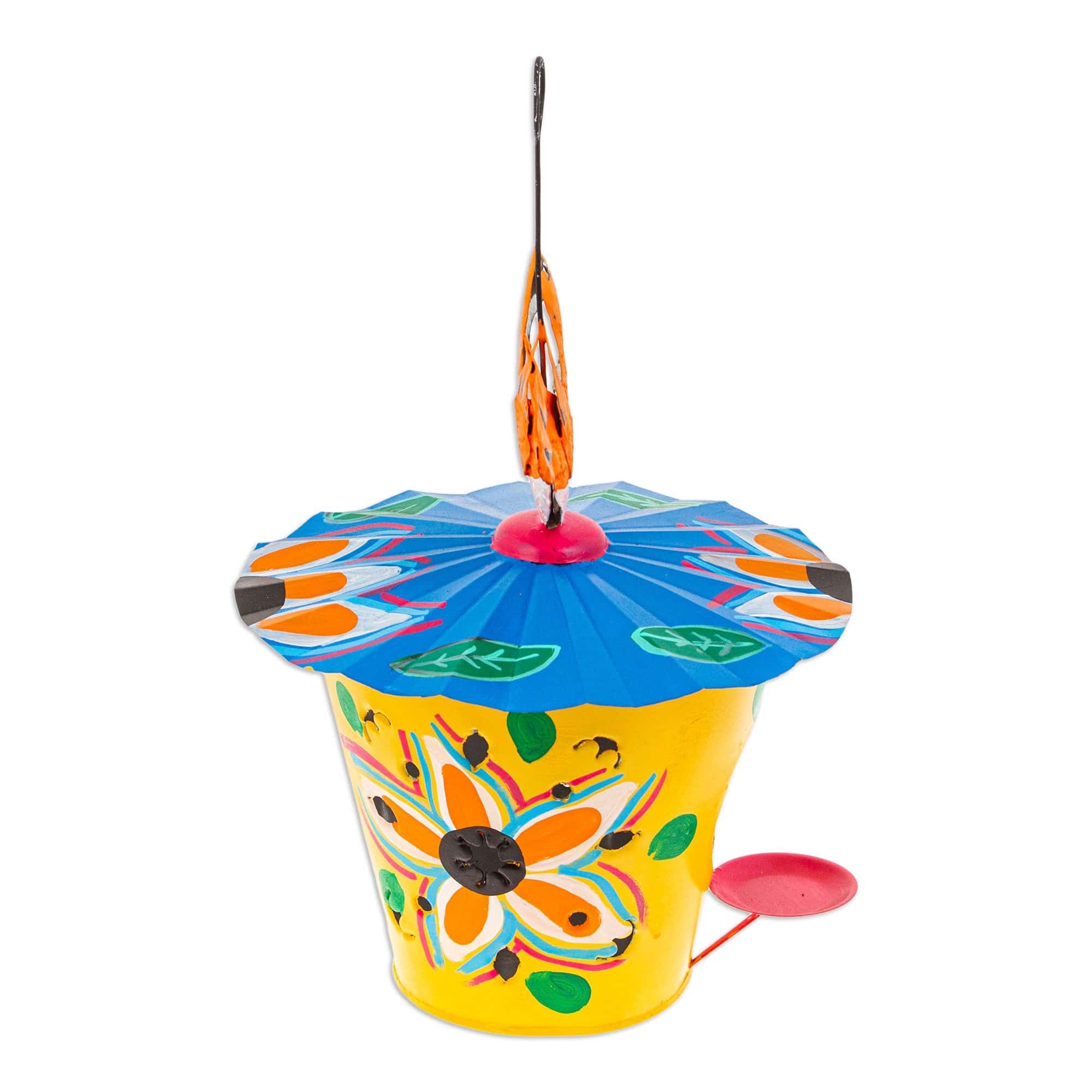 Handcrafted Floral Tin Birdhouse and Feeder with Orange Bird - Dawn Chants