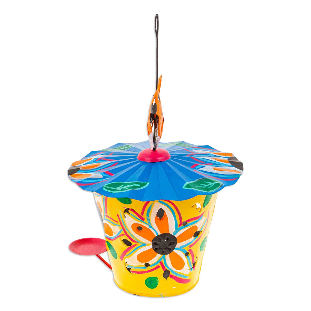 Handcrafted Floral Tin Birdhouse and Feeder with Orange Bird - Dawn Chants