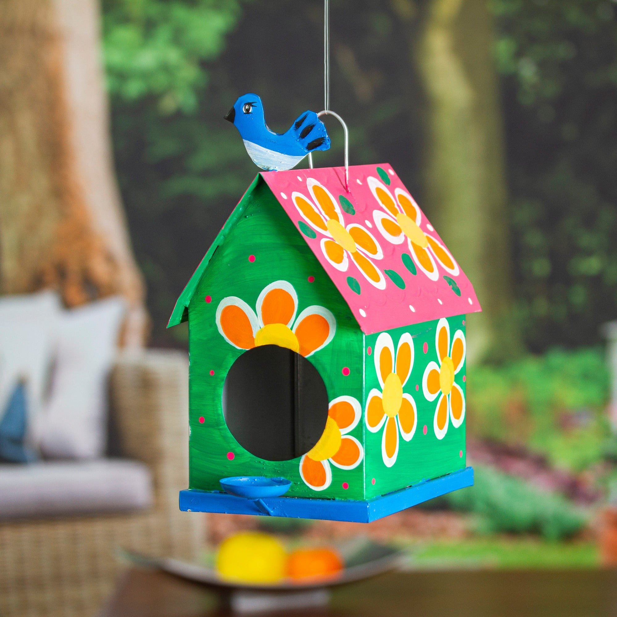 Hand-Painted Floral Tin Birdhouse and Feeder with Blue Bird - Merry Feathers