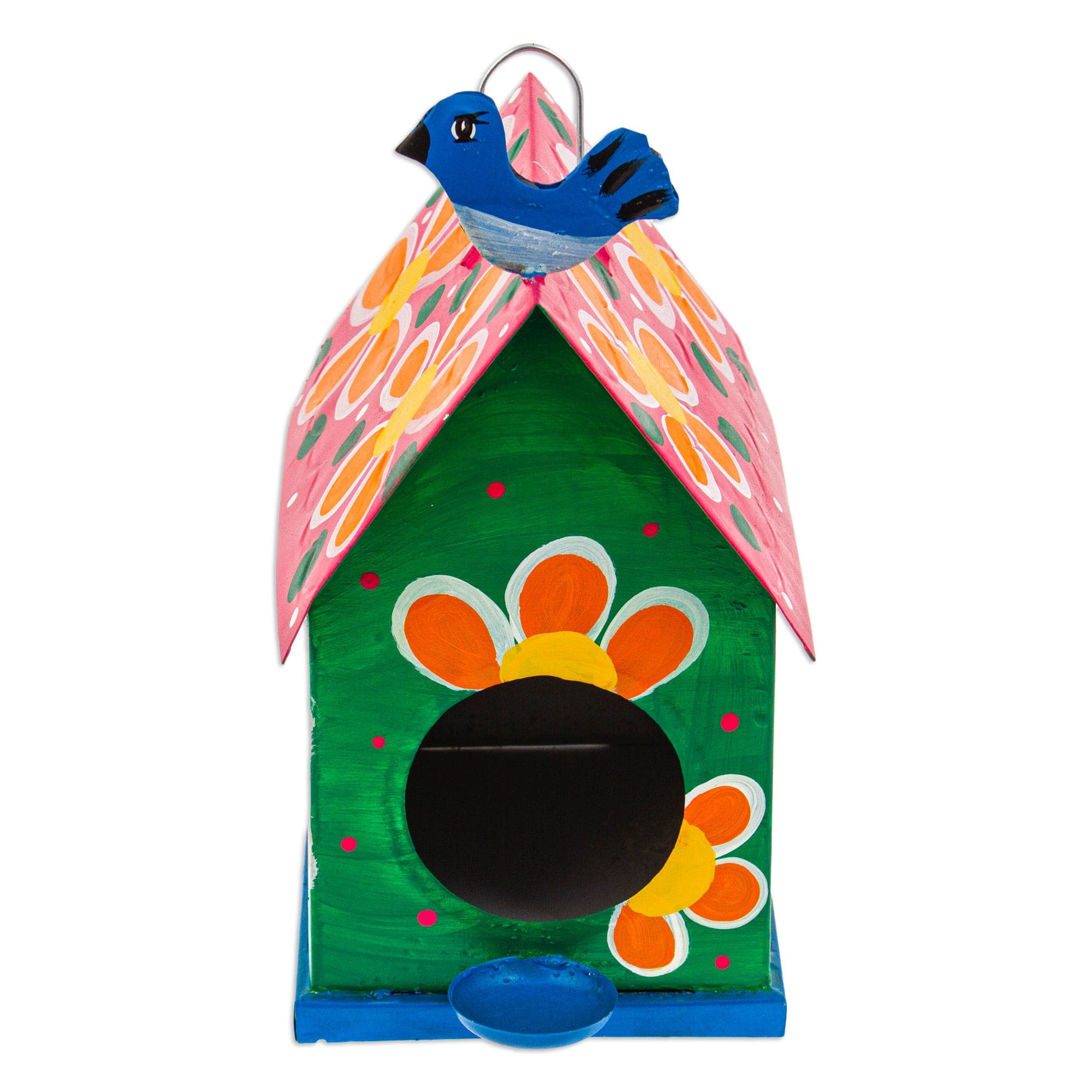 Hand-Painted Floral Tin Birdhouse and Feeder with Blue Bird - Merry Feathers