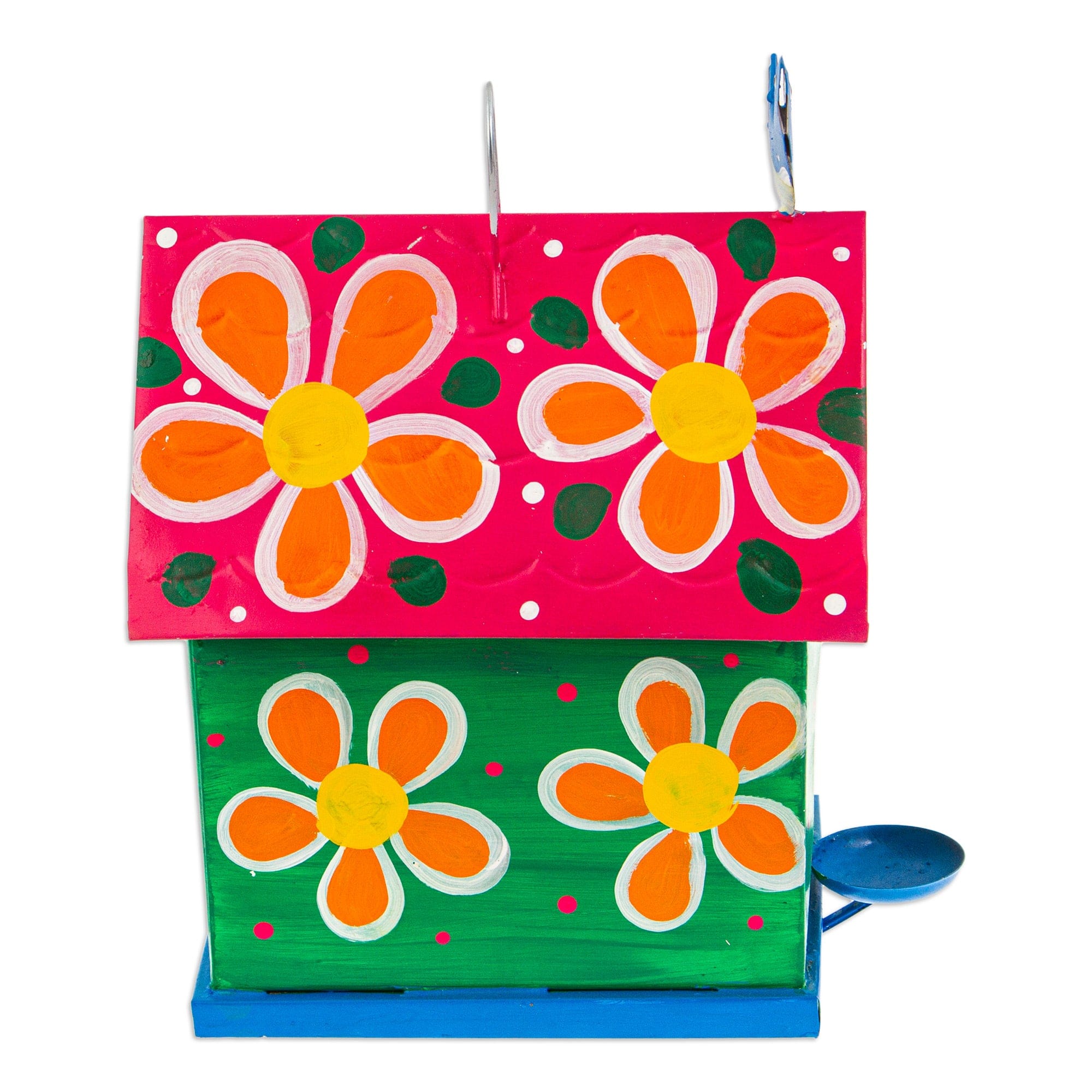Hand-Painted Floral Tin Birdhouse and Feeder with Blue Bird - Merry Feathers