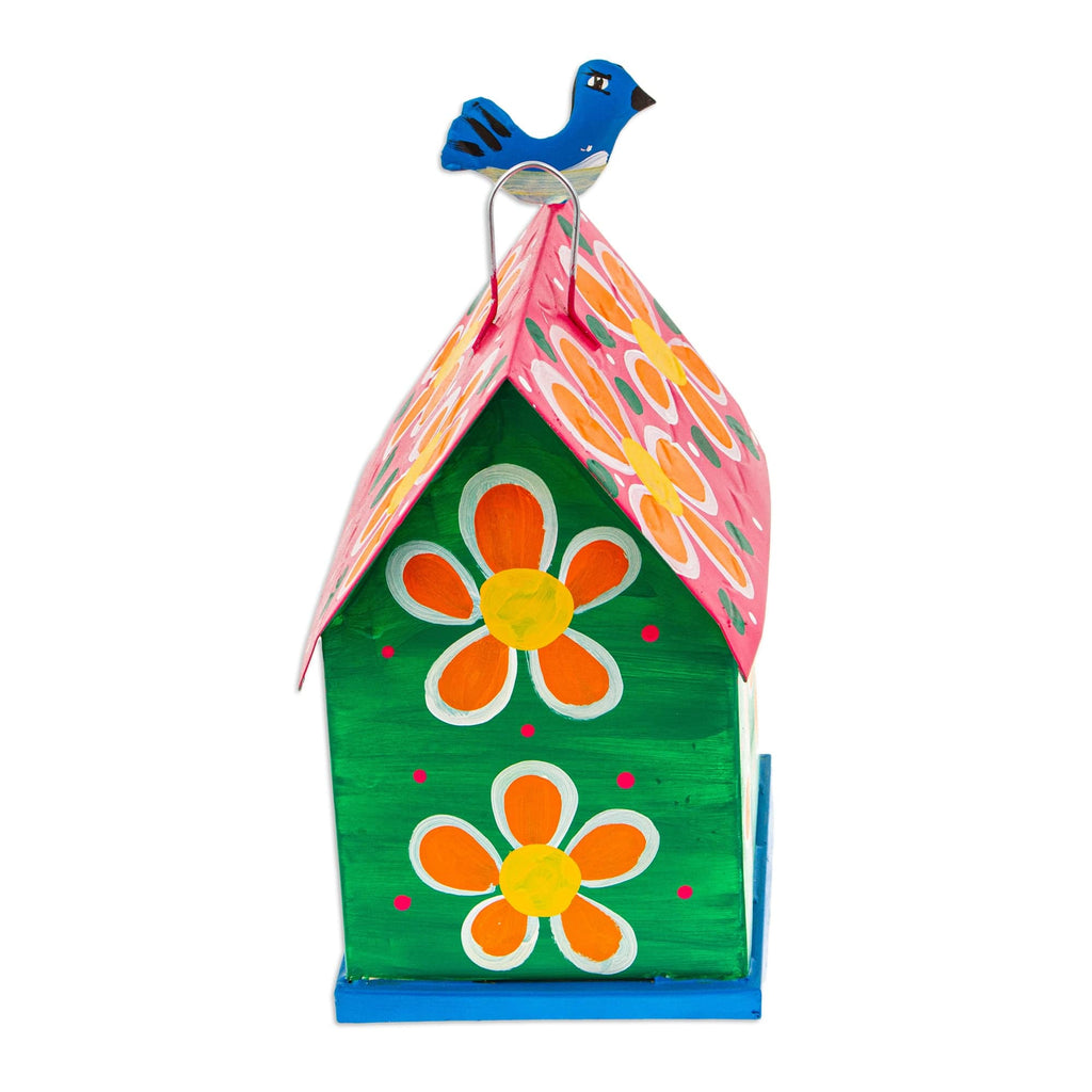 Hand-Painted Floral Tin Birdhouse and Feeder with Blue Bird - Merry Feathers