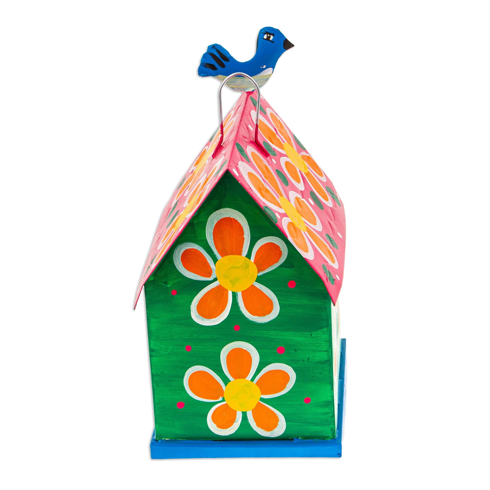 Hand-Painted Floral Tin Birdhouse and Feeder with Blue Bird - Merry Feathers