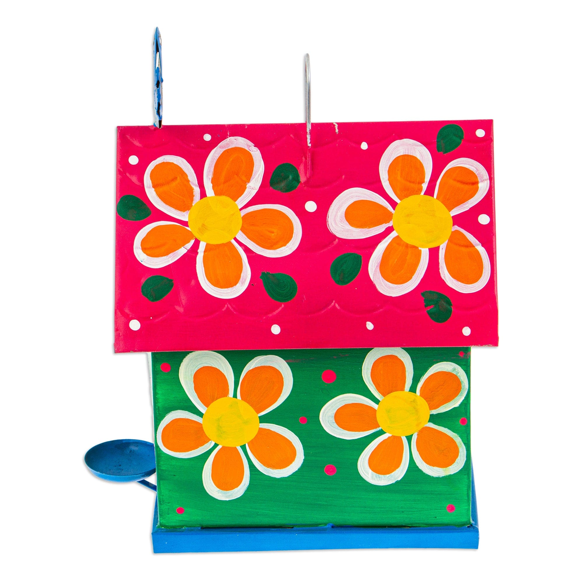 Hand-Painted Floral Tin Birdhouse and Feeder with Blue Bird - Merry Feathers
