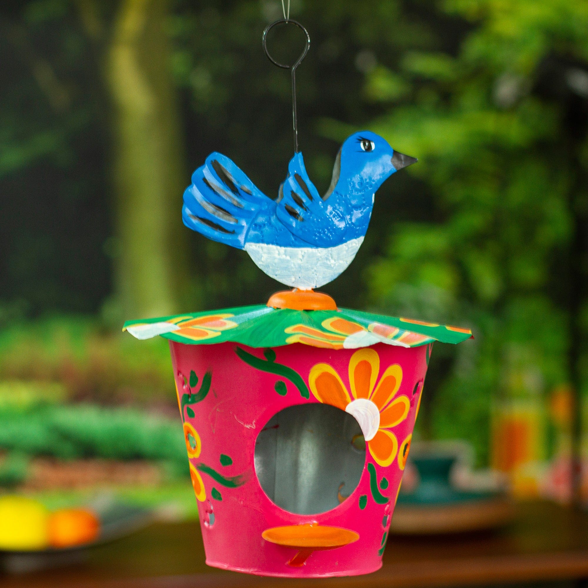 Handcrafted Floral Tin Birdhouse and Feeder with Blue Bird - Merry Chants