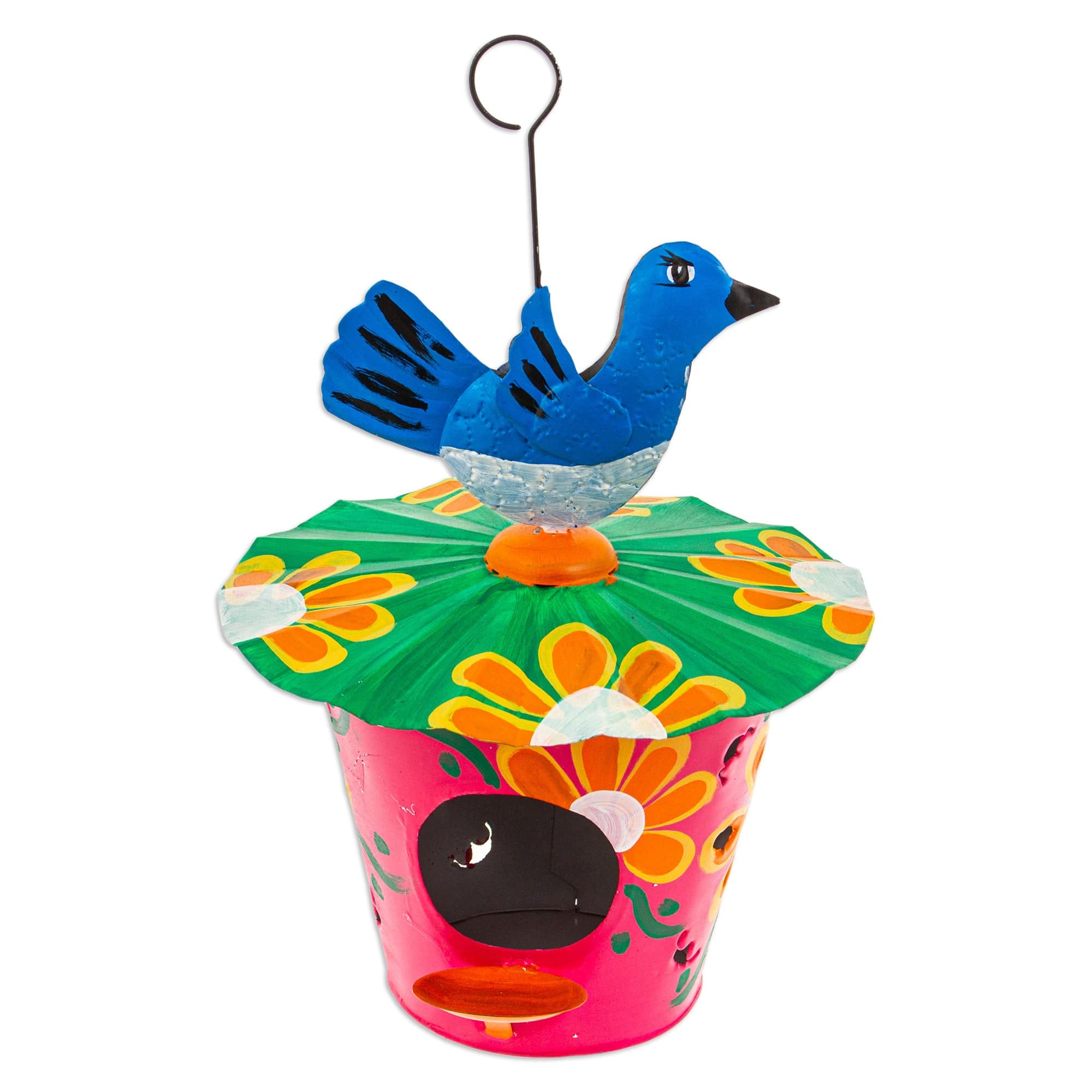 Handcrafted Floral Tin Birdhouse and Feeder with Blue Bird - Merry Chants