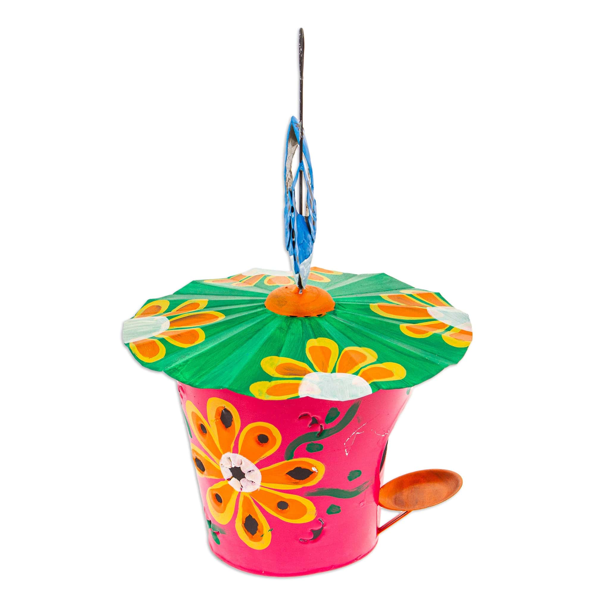 Handcrafted Floral Tin Birdhouse and Feeder with Blue Bird - Merry Chants
