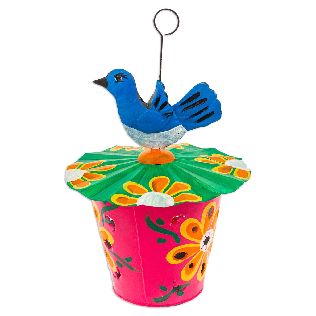 Handcrafted Floral Tin Birdhouse and Feeder with Blue Bird - Merry Chants