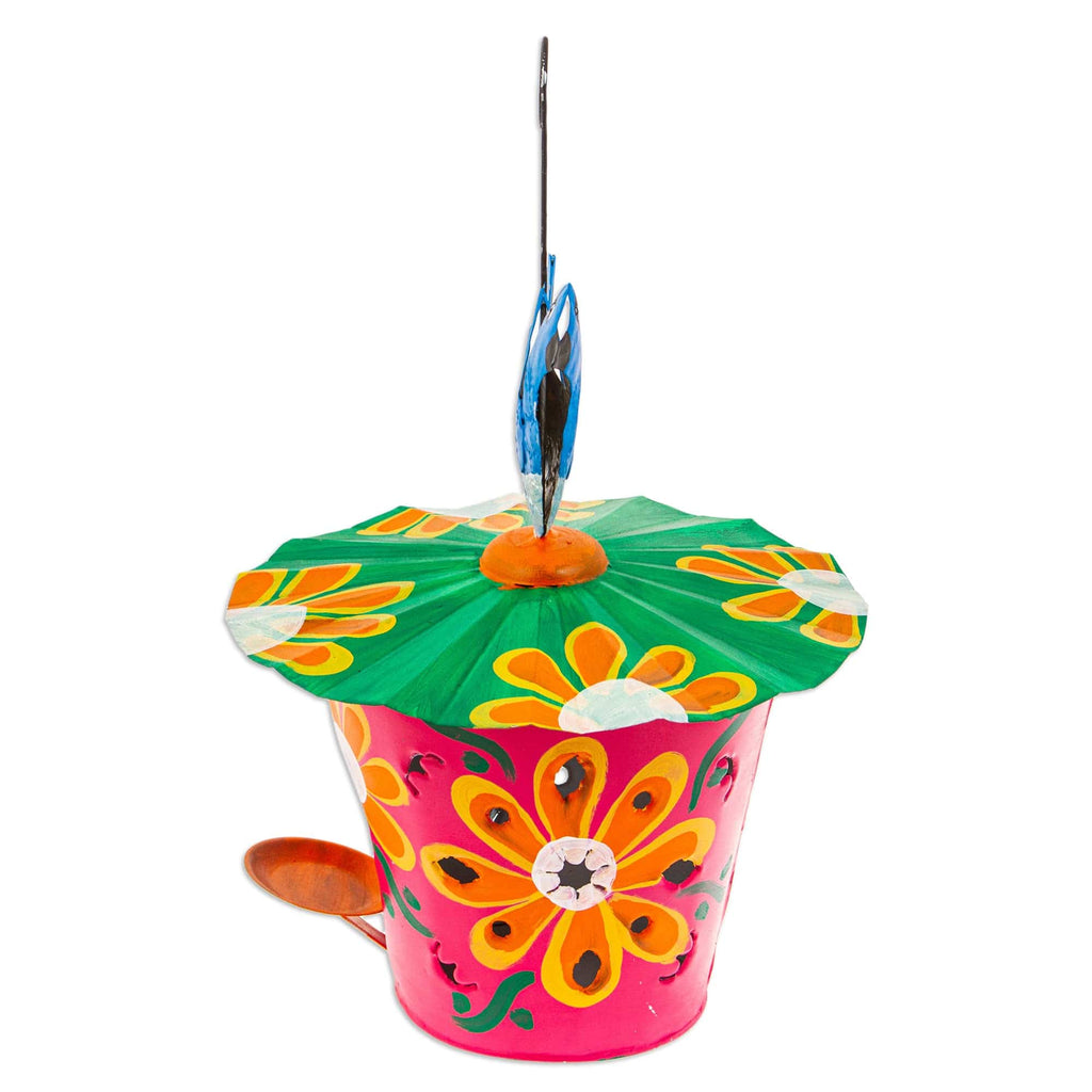 Handcrafted Floral Tin Birdhouse and Feeder with Blue Bird - Merry Chants