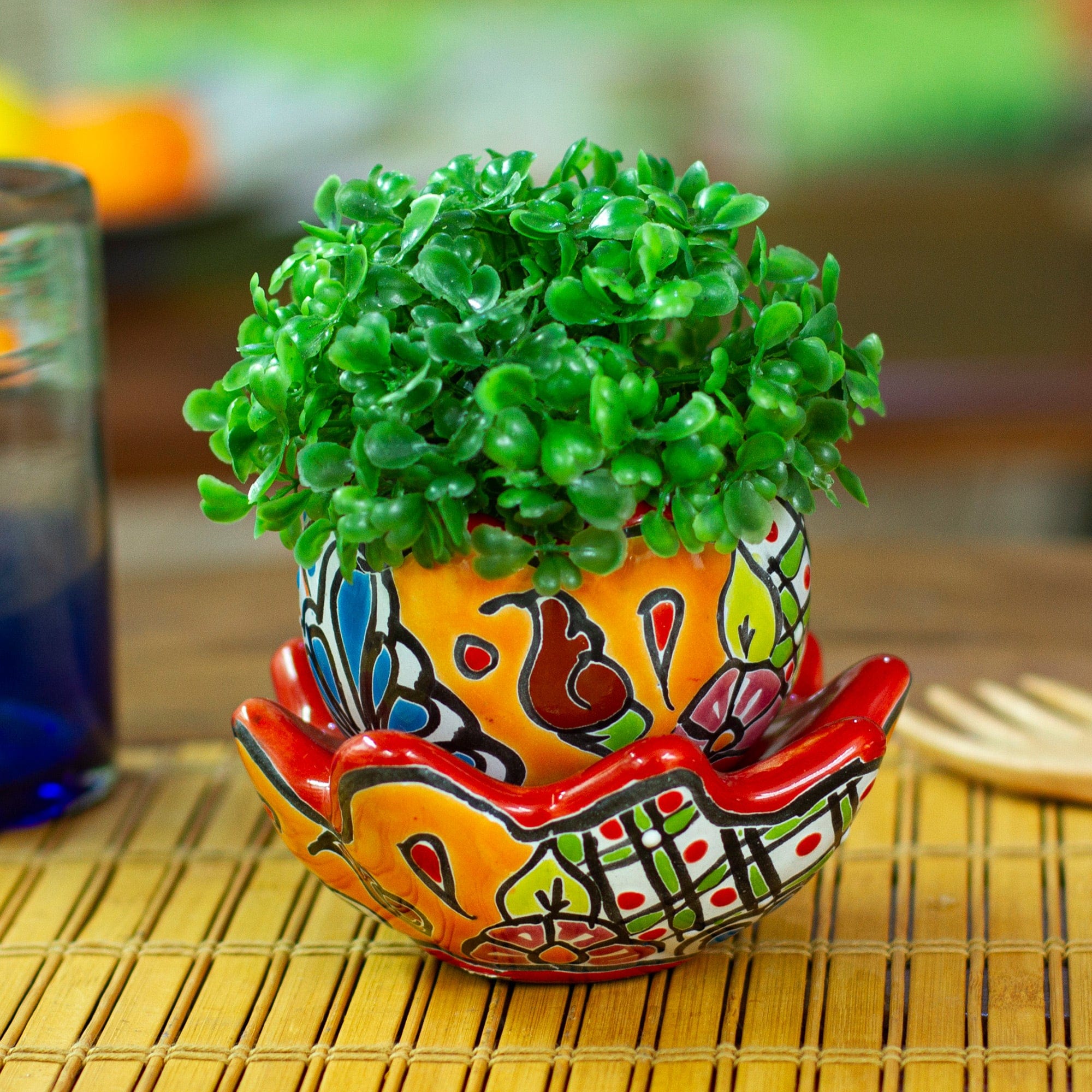 Handcrafted Floral Ceramic Pot with Saucer in Strawberry - Talavera Eden in Strawberry