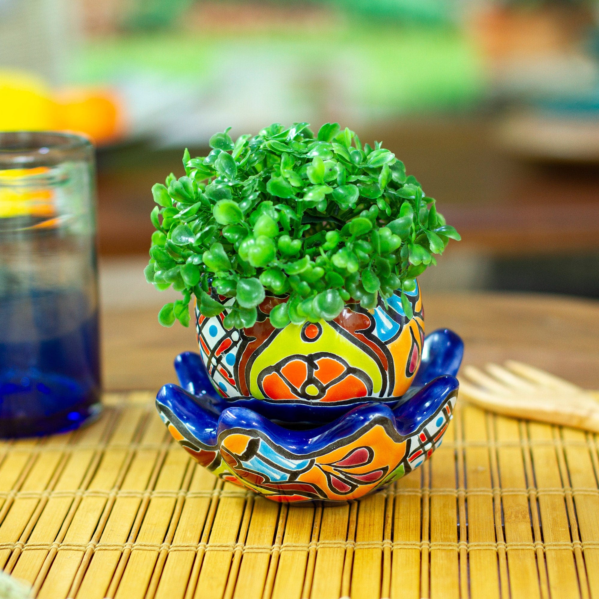 Handcrafted Floral Ceramic Pot with Saucer in an Indigo Hue - Talavera Eden in Indigo