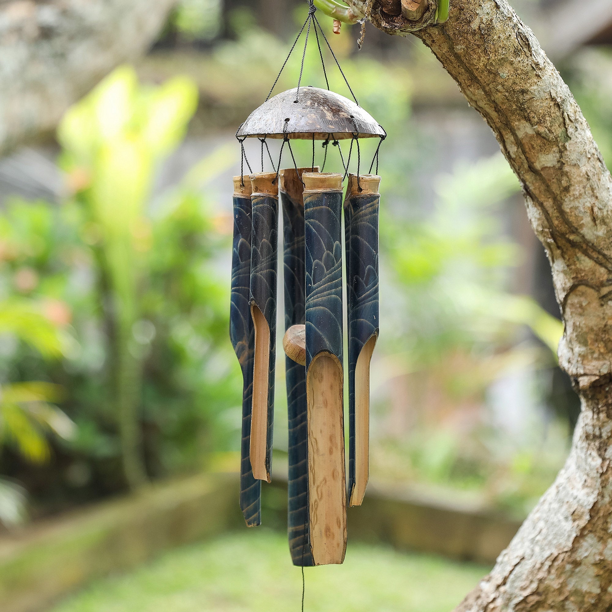 Handcrafted Blue Bamboo and Coconut Shell Wind Chime - Blue Rhythm